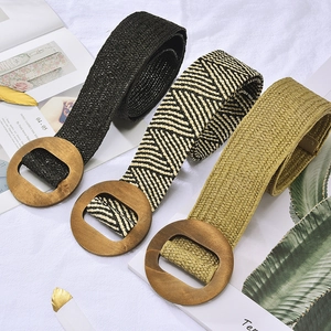 Women Bohemian Stretch Woven Belt With Round Natural Wood Buckle Straw Like Polypropylene Braid Waist Cinch For Dress