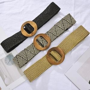 Bohemian elastic woven belts with round wooden buckles in black, khaki, and geometric patterns