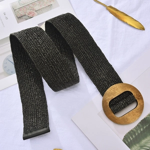 Elastic PP grass braided wide belt for women with elegant round wooden style buckle