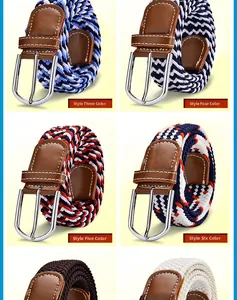 Detail view of various elastic woven belts with silver buckles and leather trim accents