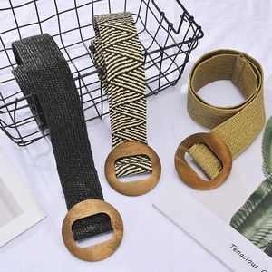 Elastic straw belt with round wooden buckle in black, chevron, and yellow styles