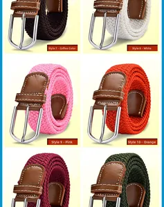 Detail view of woven elastic belts in various colors with polished silver metal buckles