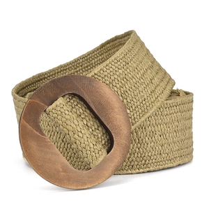 Bohemian elastic woven belt for women with large natural wood buckle in khaki color