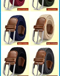Detail of woven elastic belts in six colors with metal buckle and leather trim
