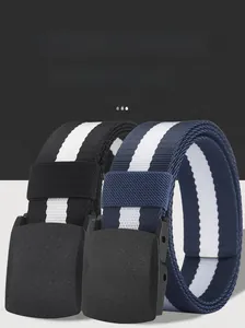 Detail of metal-free canvas belts in black and blue woven patterns with plastic buckle