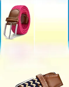 Detail of elastic braided fabric belt with metal pin buckle and leather trimming