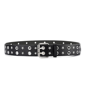 Black punk leather belt with silver star rivets and double-prong buckle on white background