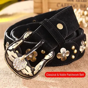 Vintage Ledergürtel in Schwarz mit antiken Goldblumen und großer Strass-Schnalle
