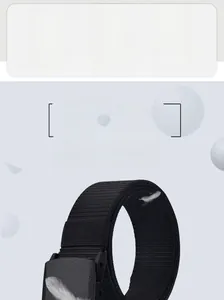 Macro shot showing lightweight black nylon canvas belt with a plastic buckle and white feather