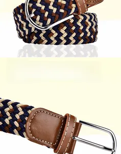 Close-up of woven stretch belt with silver alloy buckle and brown leather accents