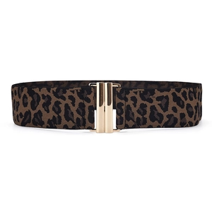Wide elastic waist belt for women with leopard print pattern and golden metal buckle