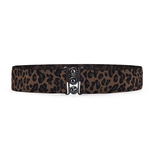 Stylish women's wide leopard print elastic belt with metallic triple-bead buckle closure