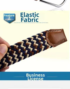 Detail of multi-color elastic woven belt with durable brown leather end and neat stitching