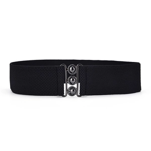 Women's wide elastic black waist belt with polished dark gunmetal triple ball interlocking buckle