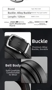 Detail of premium men's leather belt showing 120cm length and 3.5cm width specs
