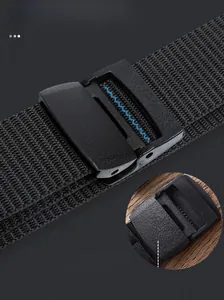 Close-up of black nylon canvas belt with plastic buckle and high-density woven texture
