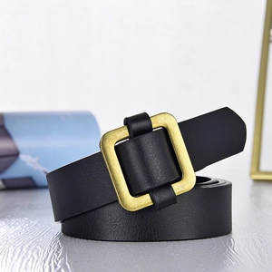 Minimalist black PU leather belt for women featuring a vintage gold square pin buckle