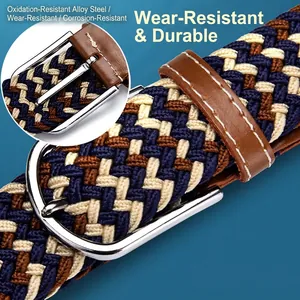 Elastic woven fabric belt for women with tri-color pattern and silver alloy buckle