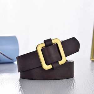 Classic dark brown PU leather belt with a vintage gold square buckle for casual wear