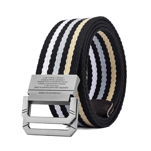 Elastic woven canvas belt with striped pattern and double D-ring metal buckle