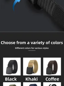 Detail of durable nylon tactical belts with plastic buckles in black, khaki, and coffee colors