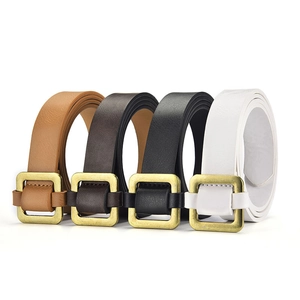 Minimalist square buckle leather belts for women in brown, black and white set
