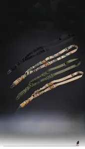 Detail view of multi-color tactical straps featuring quick release buckles and metal hooks