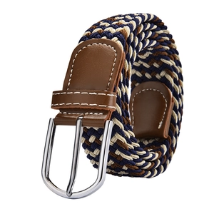 Elastic woven canvas belt for women with navy and beige stripes and leather trim