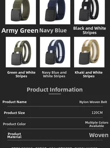 Detailed color chart for 120cm nylon woven belts showing multi-color options and specs