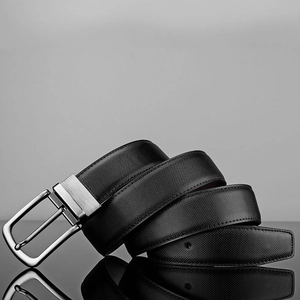 Classic men's black leather belt with silver brushed pin buckle and textured finish