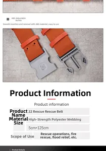 Detail of high-strength orange polyester rescue belt with 5cm width and ABS buckle