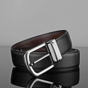 Men's business leather belt with black textured strap and silver-grey pin buckle