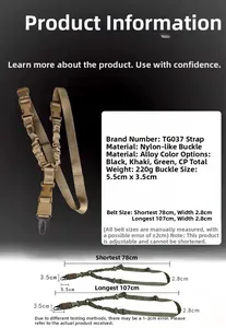 Detailed size chart and specifications for the adjustable nylon tactical sling with alloy hook