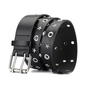 Punk-Gürtel aus schwarzem Leder mit silbernen Stern-Nieten und Doppel-Dornschnalle in Weiß