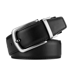 Classic men's black leather belt with cross texture and brushed silver buckle