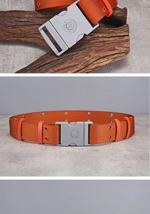 Detailed view of orange nylon tactical belt featuring quick-release buckle and utility loops