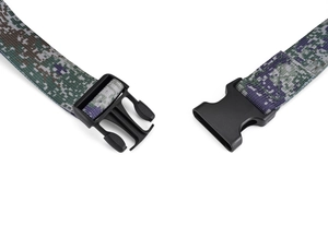 Close-up of digital camouflage webbing belt with a quick-release black plastic buckle