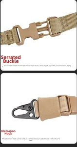 Tactical nylon strap detail showing a secure serrated buckle and robust olecranon metal hook