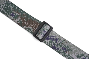 Detail of high-density camo canvas belt strap with matte black plastic buckle close-up