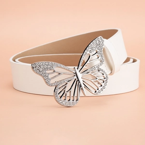 Ceinture femme blanche en cuir avec boucle papillon ornée de strass pour robe élégante