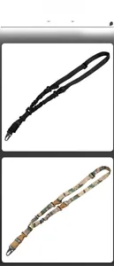 Detail view of tactical sling with elastic buffer and metal hook in black and camo