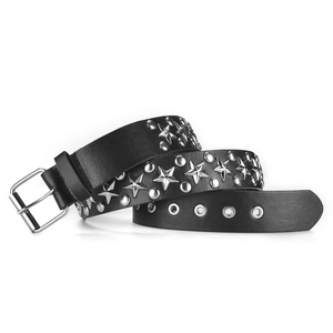 Ceinture punk en cuir noir avec rivets étoiles argentés et boucle à ardillon classique
