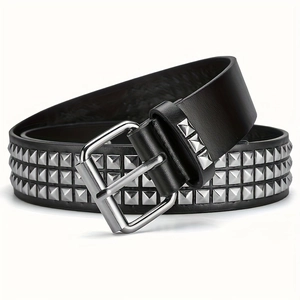 Ceinture noire en similicuir style punk avec trois rangées de clous pyramide argentés