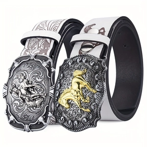 Retro Western Cowboy Belt With Large Carved Alloy Buckle Horse Pattern Printed PU Leather Waistband For Men Women Ethnic Punk Style