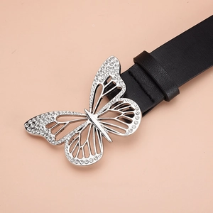 Ceinture femme en cuir noir avec boucle papillon argentée ornée de strass brillants