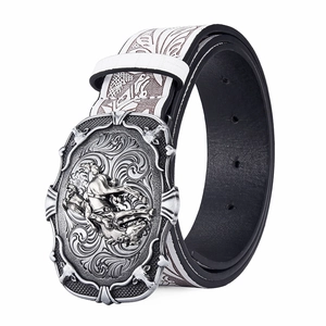 Retro western cowboy belt with embossed silver horse buckle and animal print strap