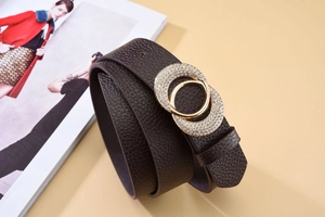 Détail d'une ceinture en cuir marron foncé avec boucles dorées et strass brillants