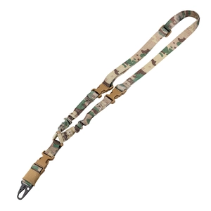 Multicam tactical single point sling with metal hook and quick release buckles on white background
