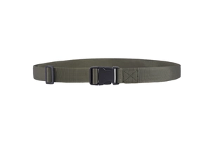 Detailed macro view of olive green tactical nylon webbing belt with plastic quick-release buckle