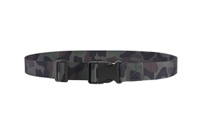 Detail of jungle camouflage nylon webbing belt with quick-release plastic buckle